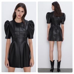 Zara Faux Leather Puff Sleeve Mini Dress Short Sleeve Back Zip In Black Size M